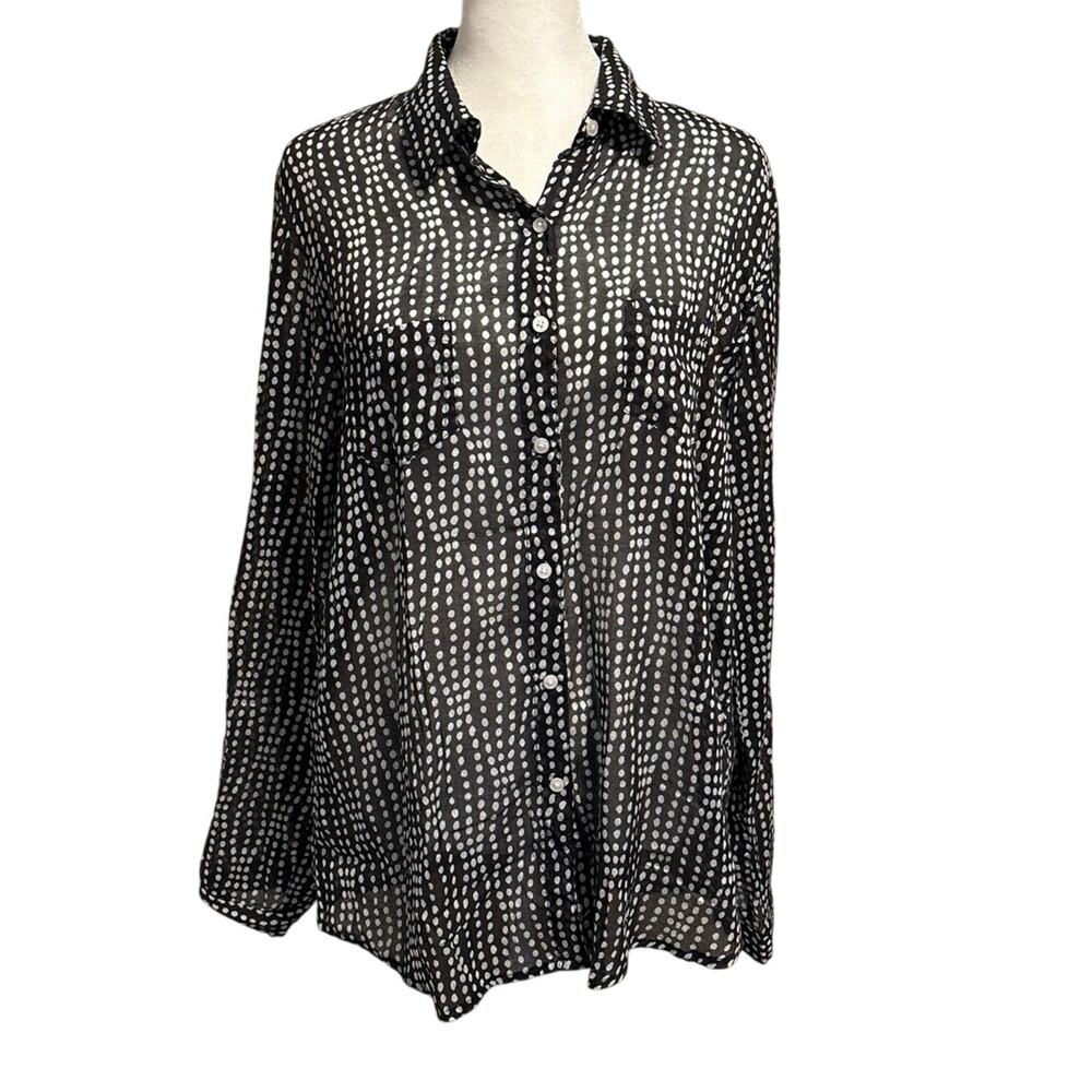 Terre Rouge Size XL Button Up Blouse Top Dot Print Semi Sheer Black White